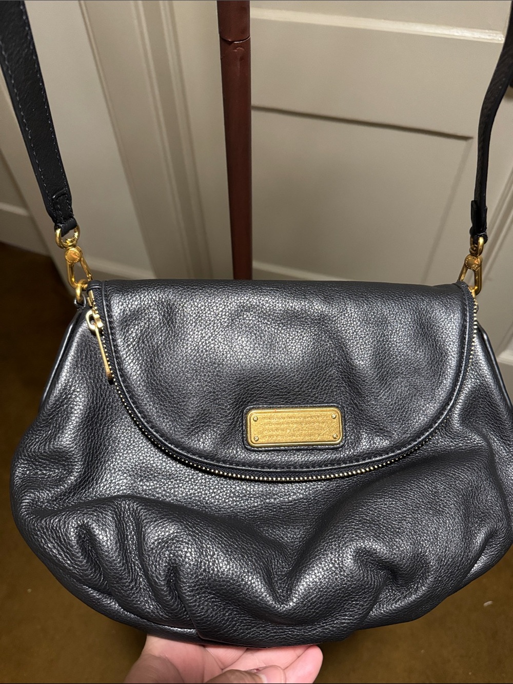 Marc Jacobs Black Pebbled Leather Shoulder Bag with Gold Plate